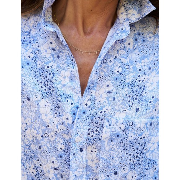 Frank & Eileen Rory Blue Floral Italian Linen Maxi Shirt Dress Size XS - Picture 2 of 8